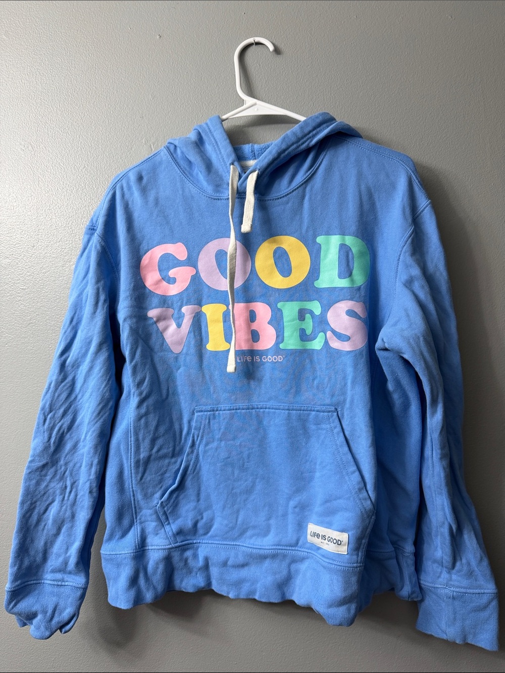 Life Is Good Blue Hoodie with Multicolor "GOOD VIBES" Graphic medium